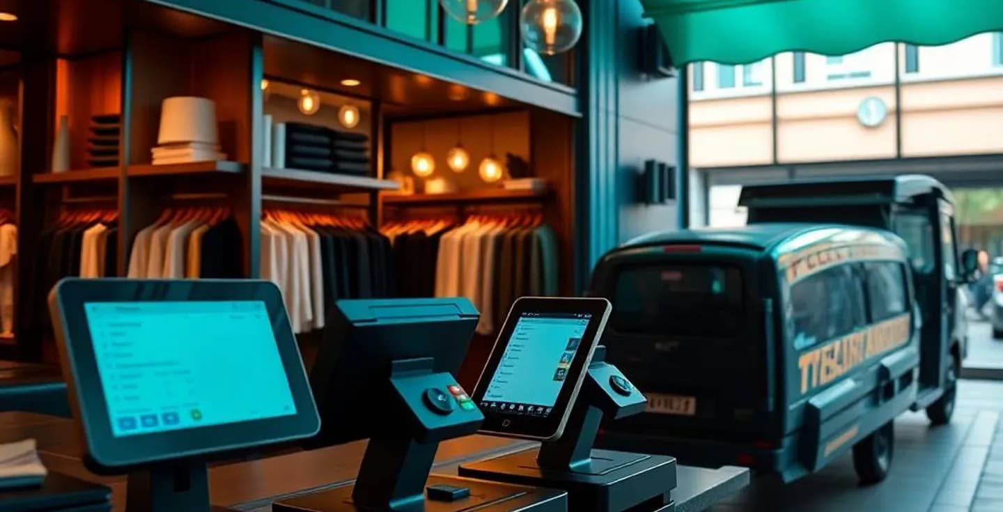 Delivando POS terminals and a delivery van, symbolizing the connection between in-store retail and delivery services.